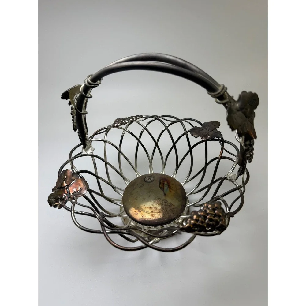 Godinger Silver‎ Art Co Wire Fruit Basket Silver Grape Leaf Motif Vintage Decor